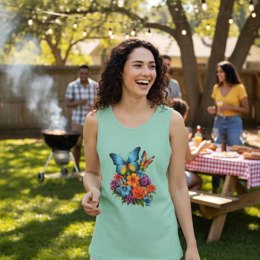 Butterfly Floral Tank Top — Colorful Garden Print Summer Tee