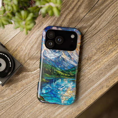 Stained Glass Mountain Lake Mosaic Phone Case — Impact-Resistant Artistic Protection