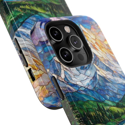 Stained Glass Mountain Lake Mosaic Phone Case — Impact-Resistant Artistic Protection