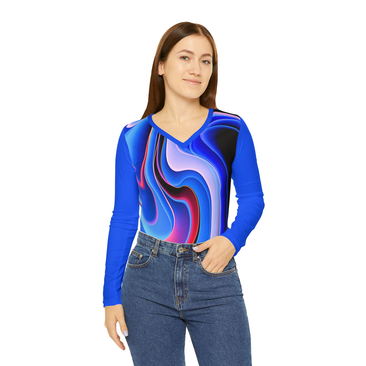 Abstract Swirl V‑Neck Long Sleeve — Blue Pink Artistic Women's Top