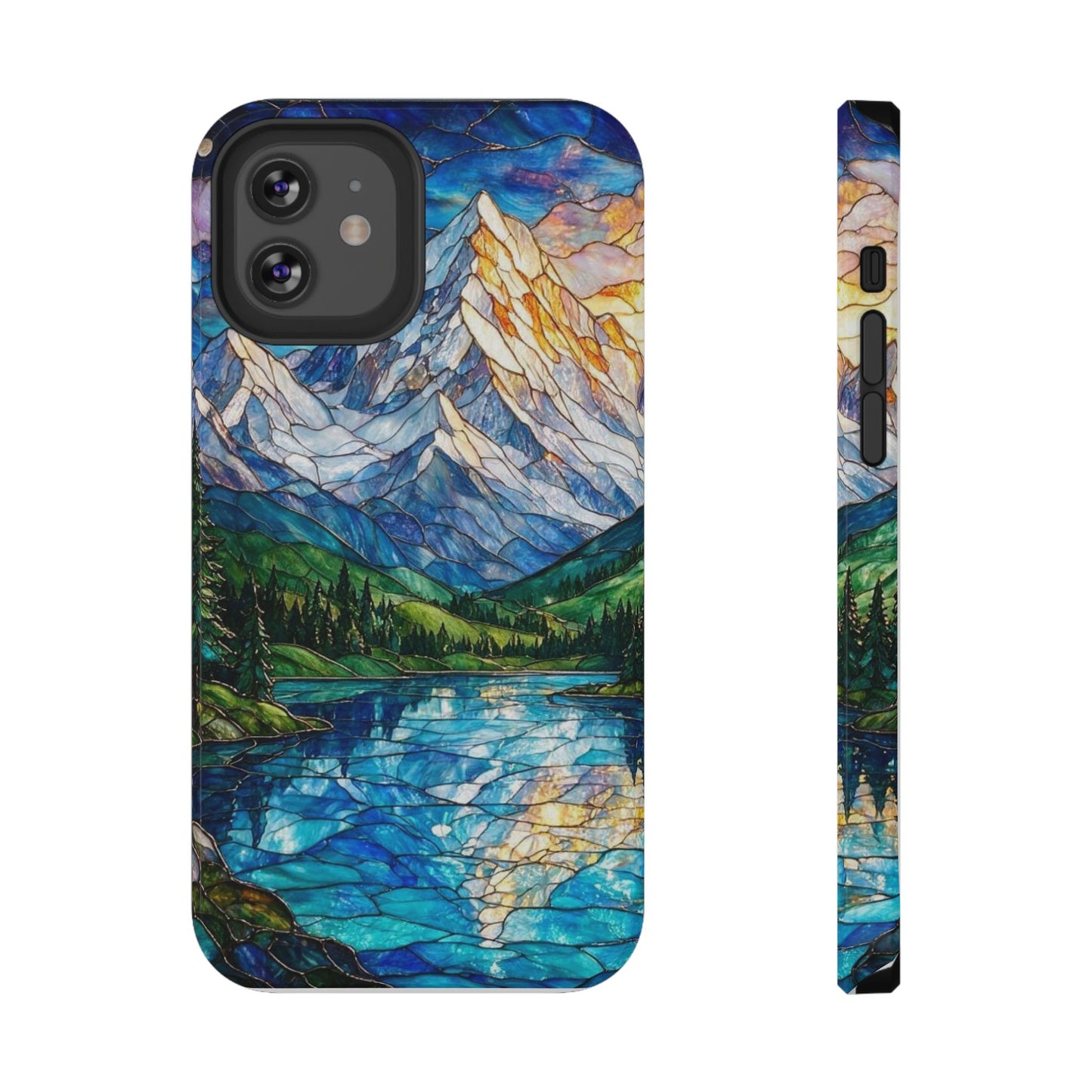 Stained Glass Mountain Lake Mosaic Phone Case — Impact-Resistant Artistic Protection