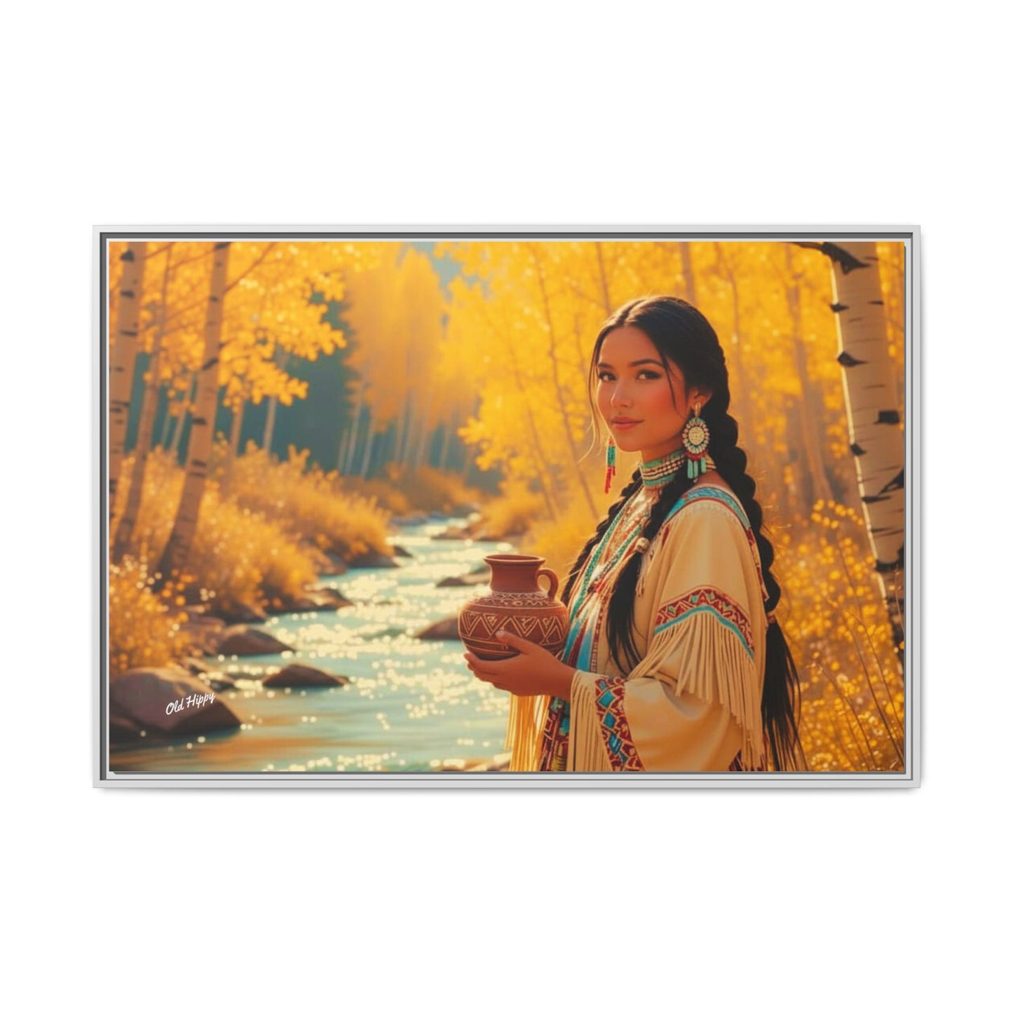 "Autumn Grace by the Stream" AI Wood Framed Canvas by Old Hippy