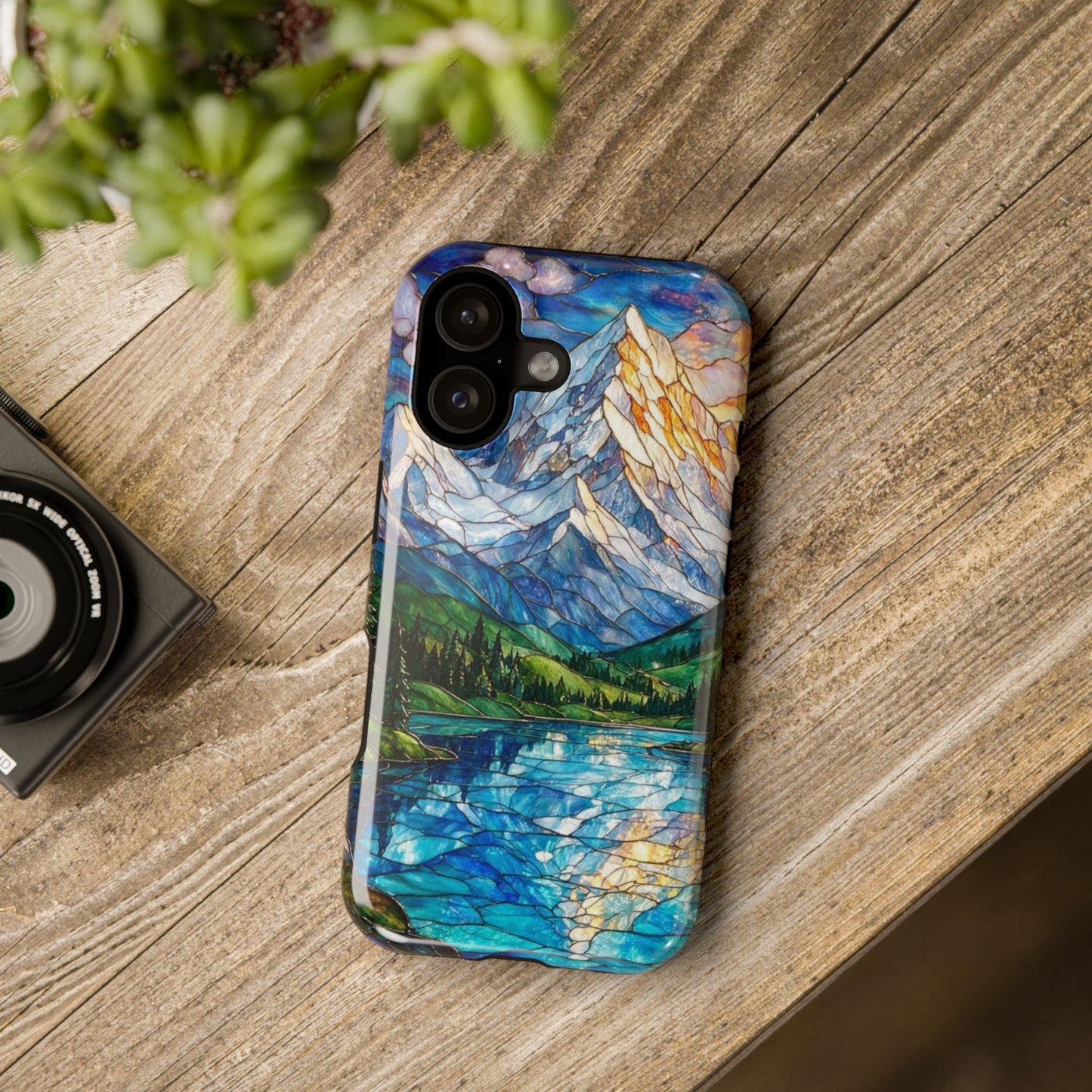 Stained Glass Mountain Lake Mosaic Phone Case — Impact-Resistant Artistic Protection