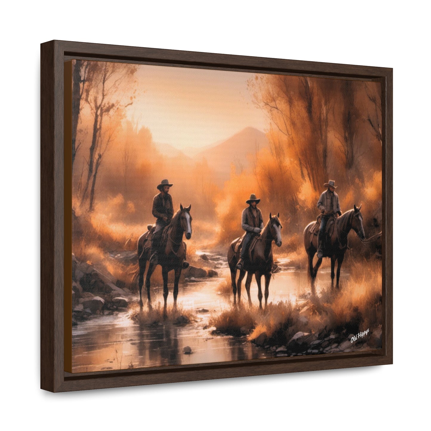 Cowboys Crossing A Stream Wood Framed Canvas Wrap