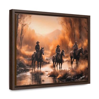 Cowboys Crossing A Stream Wood Framed Canvas Wrap