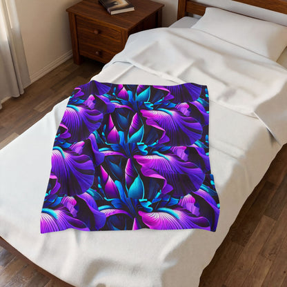 Neon Purple Iris Floral Velveteen Plush Blanket