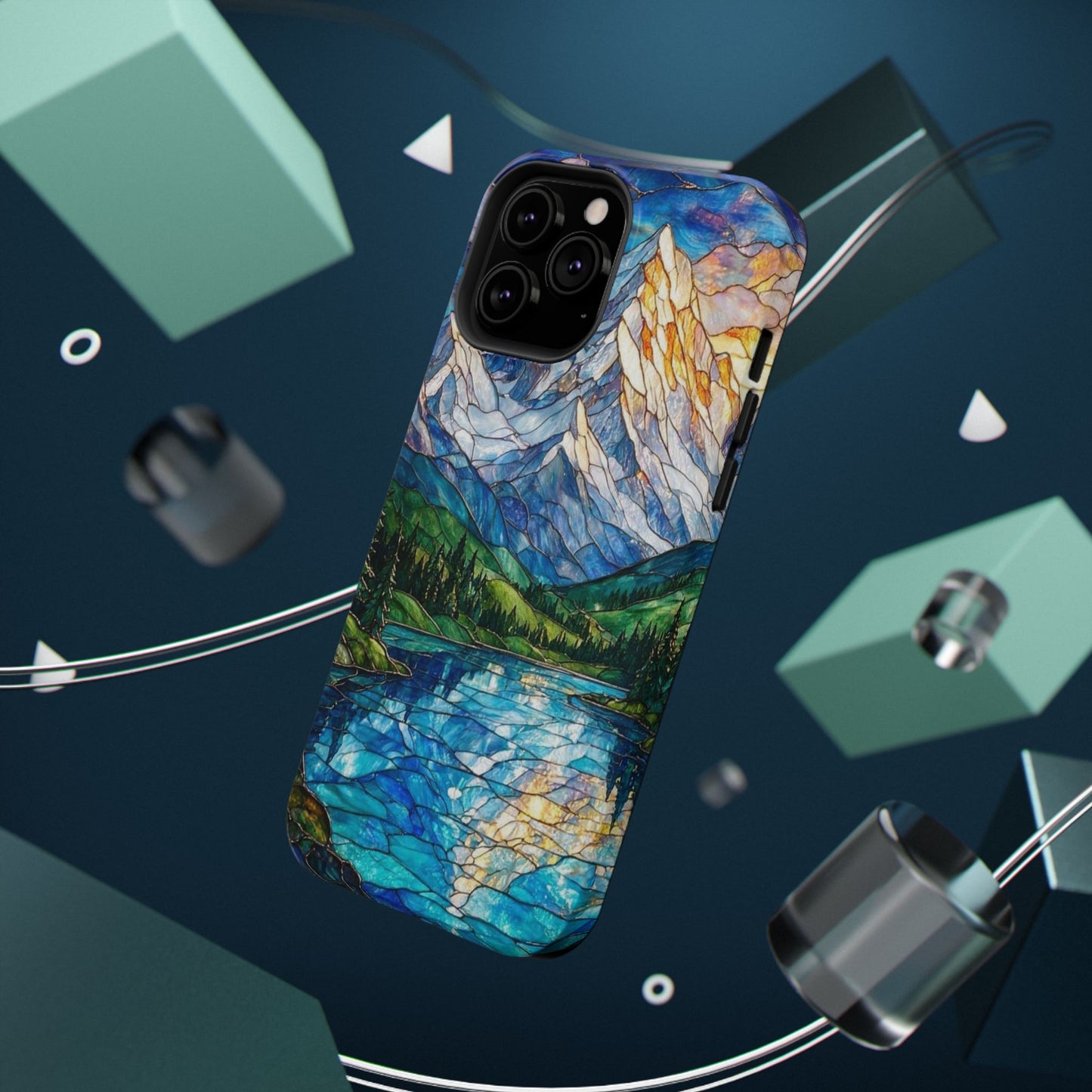 Stained Glass Mountain Lake Mosaic Phone Case — Impact-Resistant Artistic Protection