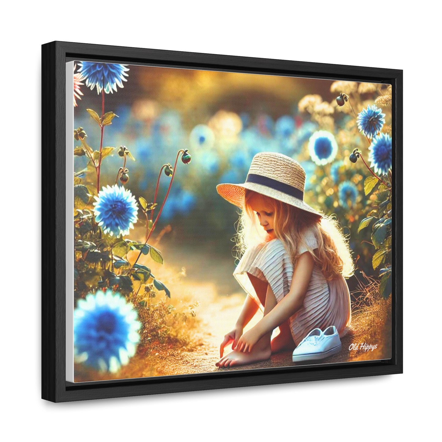 Girl and Blue Flowers Framed Canvas Wrap