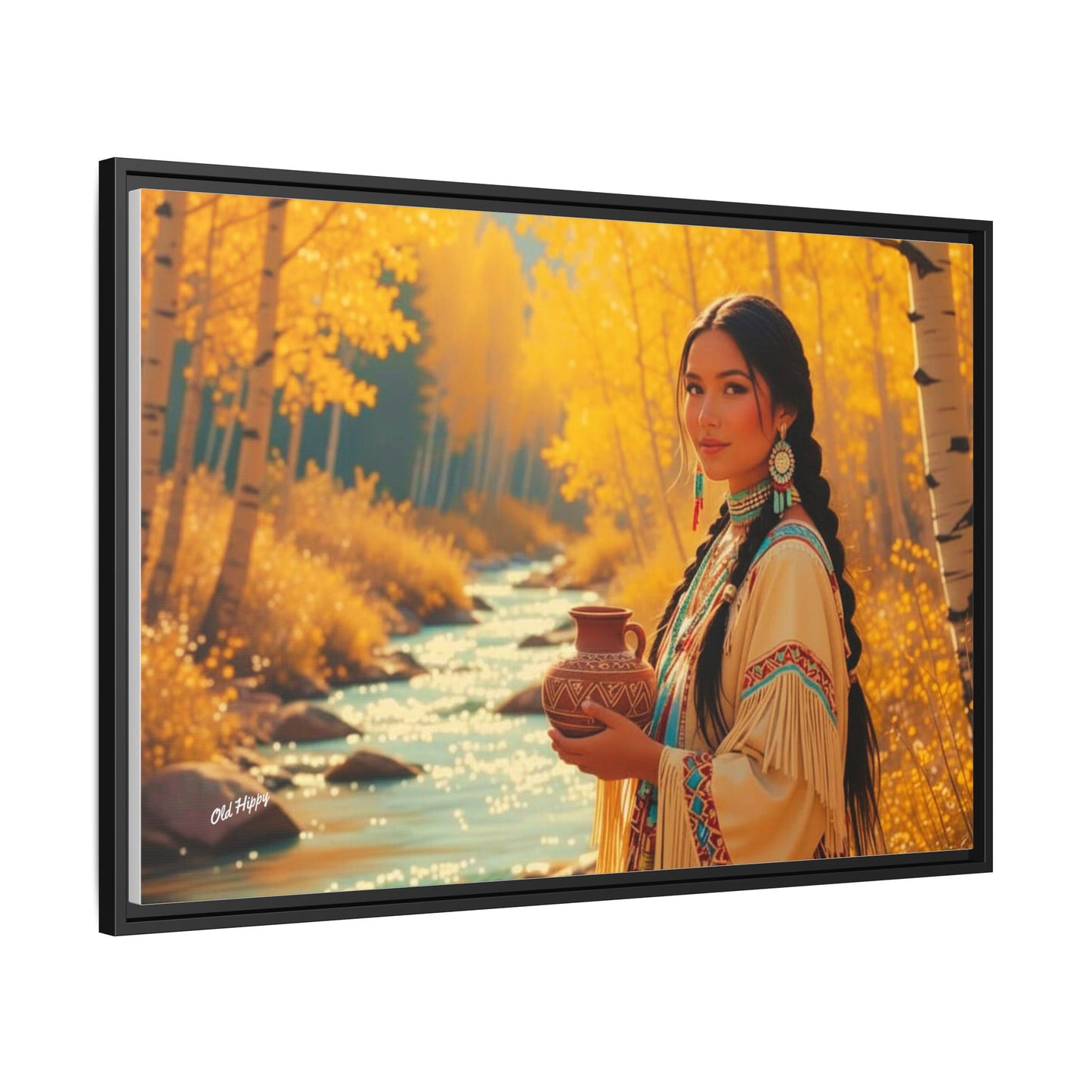 "Autumn Grace by the Stream" AI Wood Framed Canvas by Old Hippy