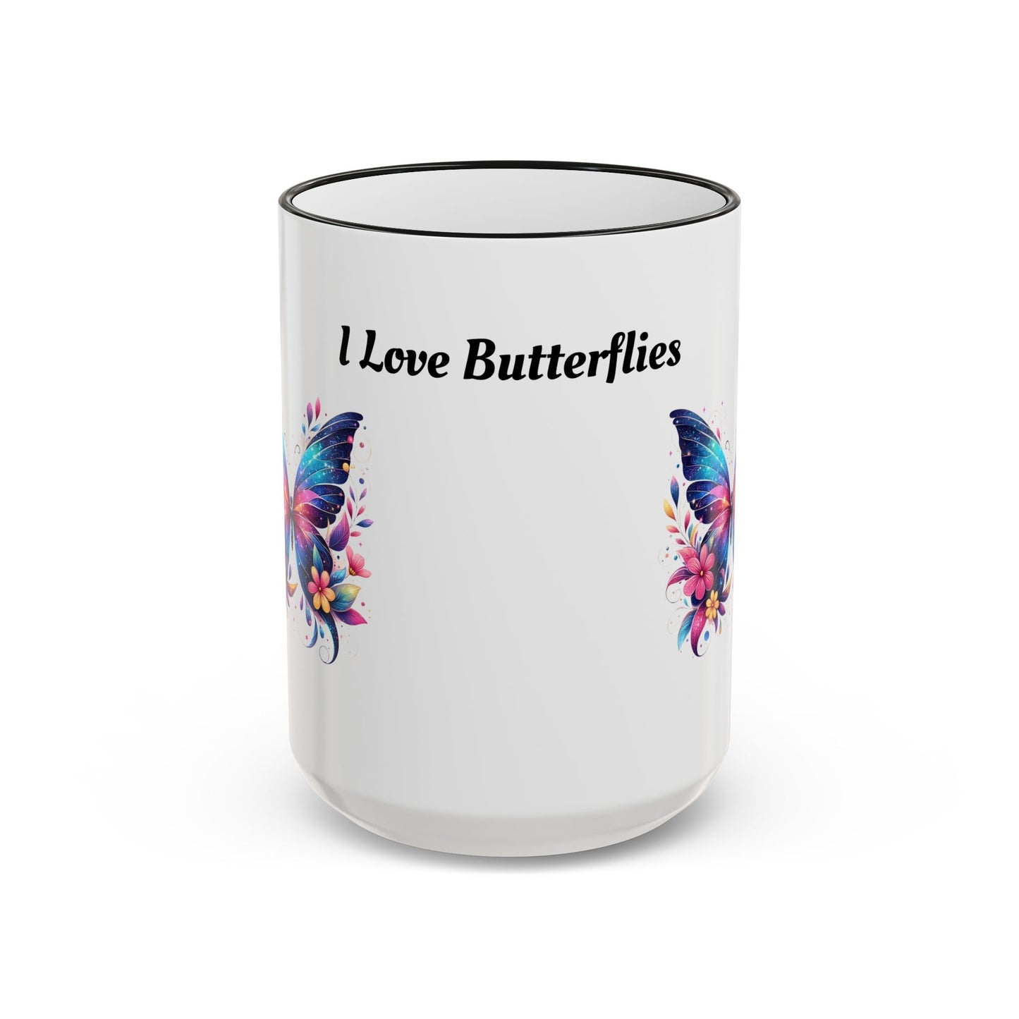 I Love Butterflies Accent Rim Mug — Floral Butterfly Coffee Cup (11oz/15oz)