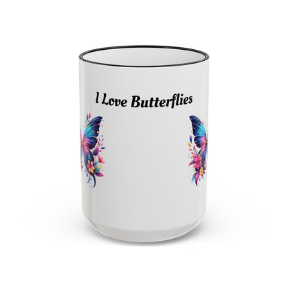 I Love Butterflies Accent Rim Mug — Floral Butterfly Coffee Cup (11oz/15oz)