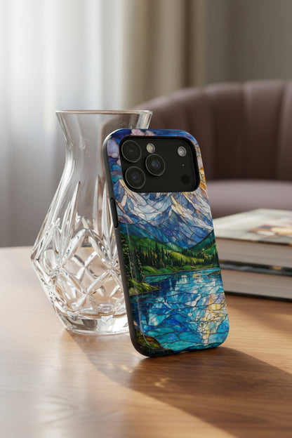 Stained Glass Mountain Lake Mosaic Phone Case — Impact-Resistant Artistic Protection