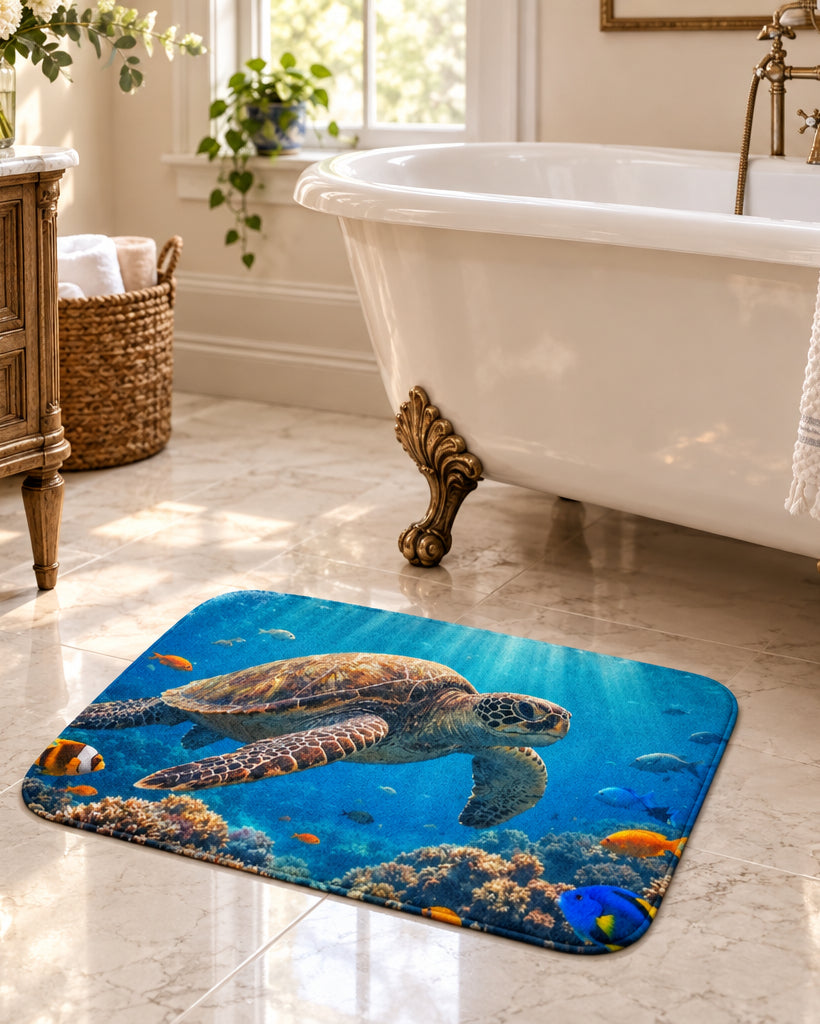 Sea Turtle Ocean Bath Mat — Underwater Coral Reef Bathroom Rug