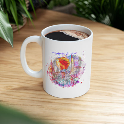 Watercolor Raindrops Keep Falling On My Head Ceramic Mug — Colorful Coffee Cup (11oz & 15oz)