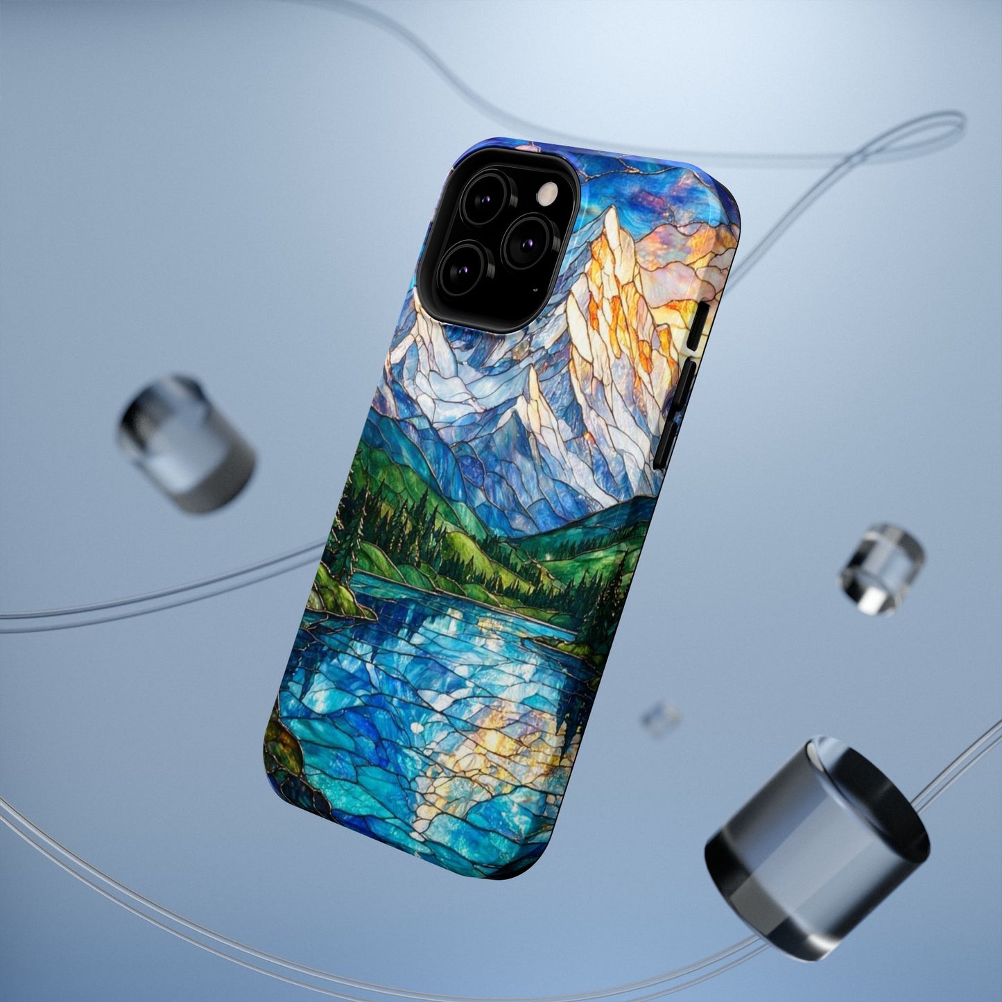 Stained Glass Mountain Lake Mosaic Phone Case — Impact-Resistant Artistic Protection