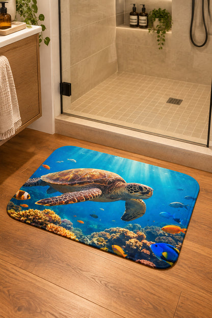 Sea Turtle Ocean Bath Mat — Underwater Coral Reef Bathroom Rug