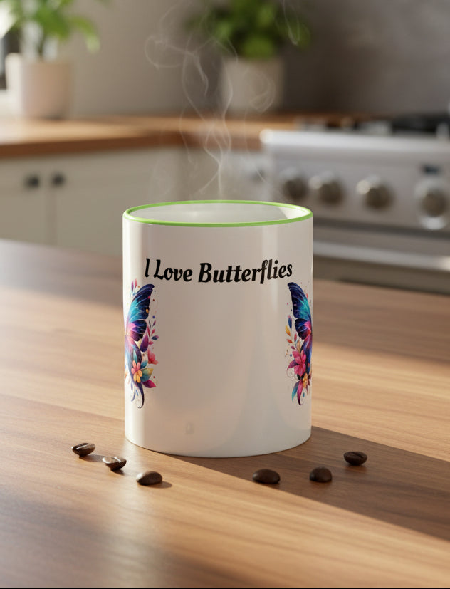 I Love Butterflies Accent Rim Mug — Floral Butterfly Coffee Cup (11oz/15oz)