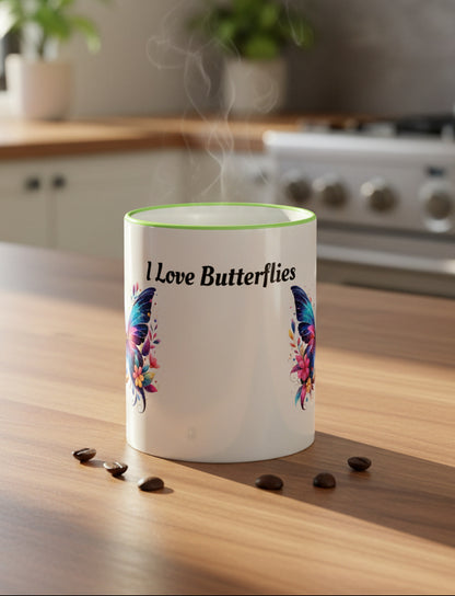 I Love Butterflies Accent Rim Mug — Floral Butterfly Coffee Cup (11oz/15oz)