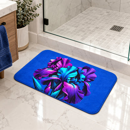 Vibrant Neon Iris Bath Mat — Blue & Purple Floral Bathroom Rug