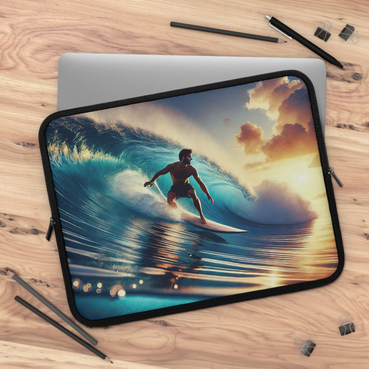 Longboard Surfer Sunrise Laptop Sleeve – Vibrant Ocean Wave Protective Case