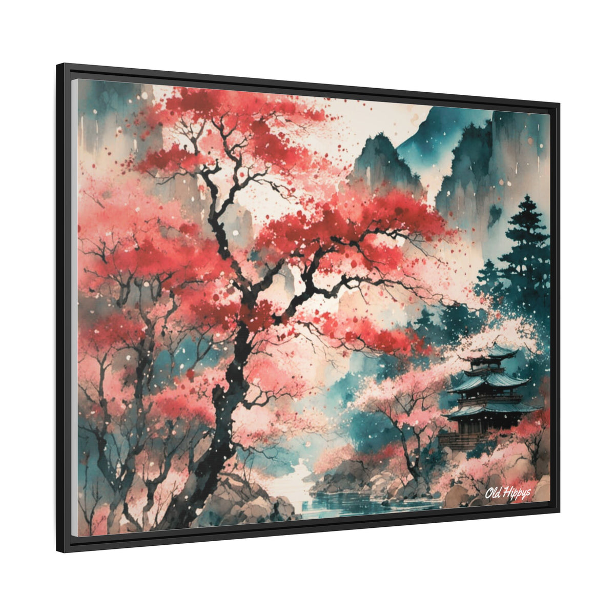 Fall in Japan Watercolor Wood Framed Canvas Wrap