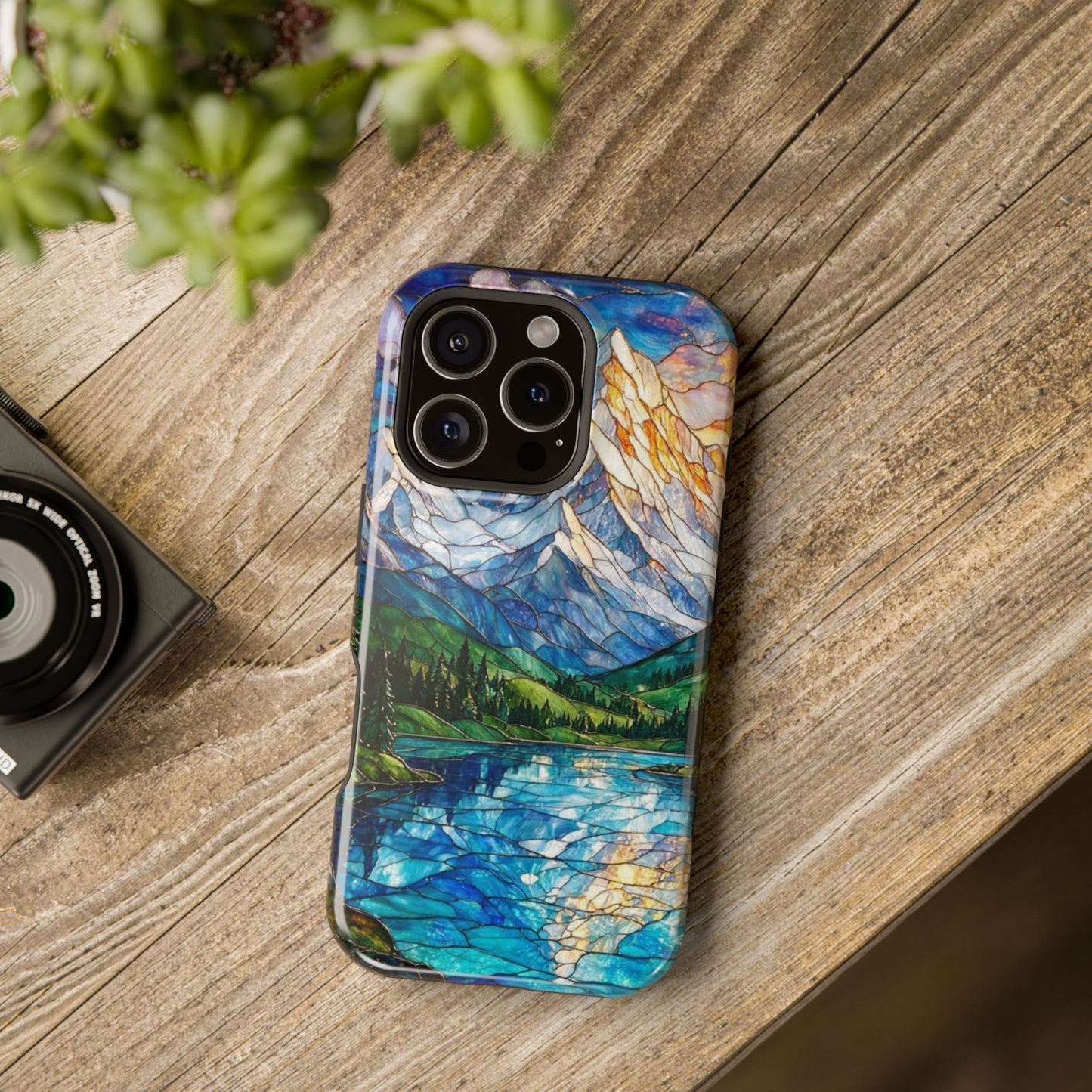 Stained Glass Mountain Lake Mosaic Phone Case — Impact-Resistant Artistic Protection