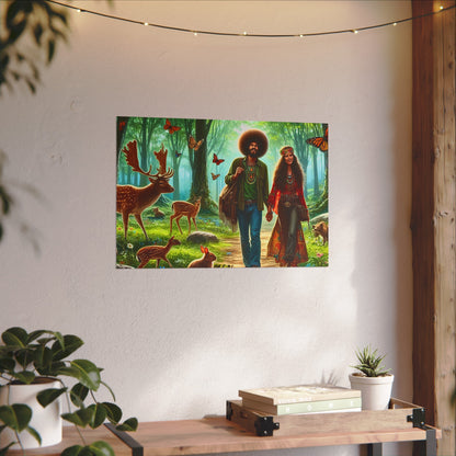 Hippies Strolling Through the Forest Watercolor Fine Poster Art