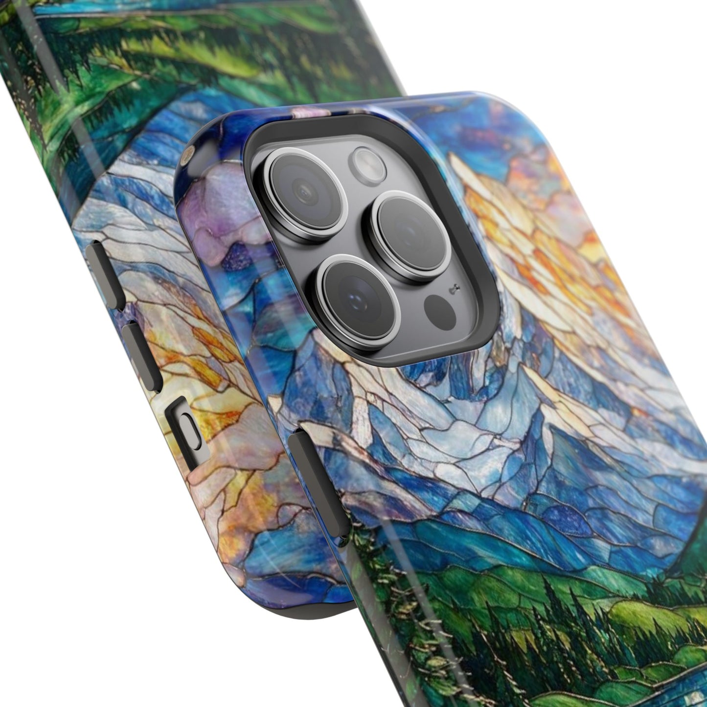 Stained Glass Mountain Lake Mosaic Phone Case — Impact-Resistant Artistic Protection