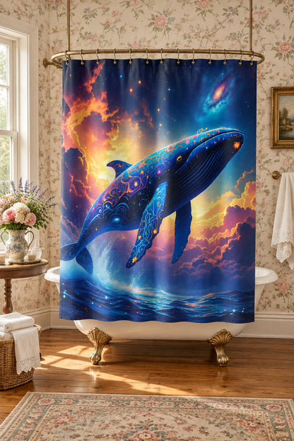 Celestial Whale Shower Curtain — Colorful Ocean Fantasy Bathroom Decor