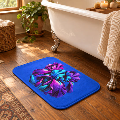 Vibrant Neon Iris Bath Mat — Blue & Purple Floral Bathroom Rug
