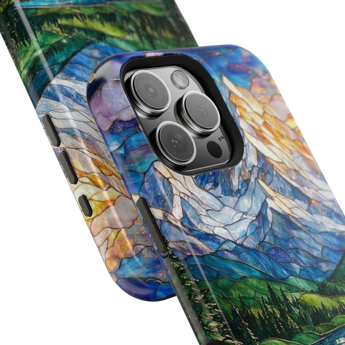 Stained Glass Mountain Lake Mosaic Phone Case — Impact-Resistant Artistic Protection