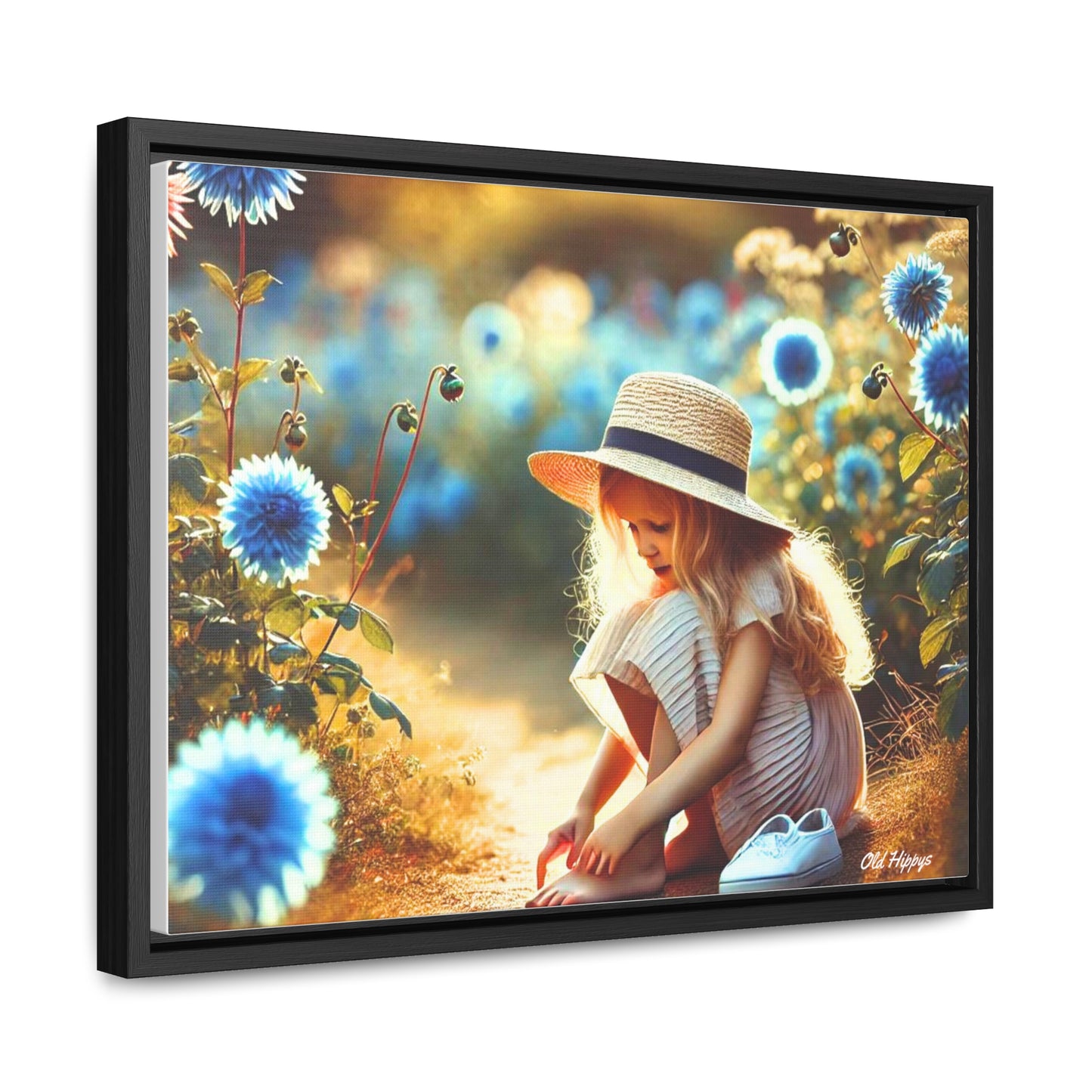 Girl and Blue Flowers Framed Canvas Wrap