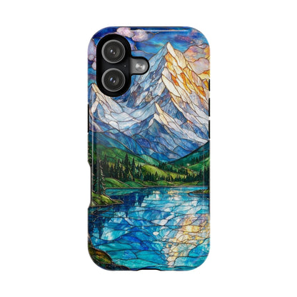 Stained Glass Mountain Lake Mosaic Phone Case — Impact-Resistant Artistic Protection