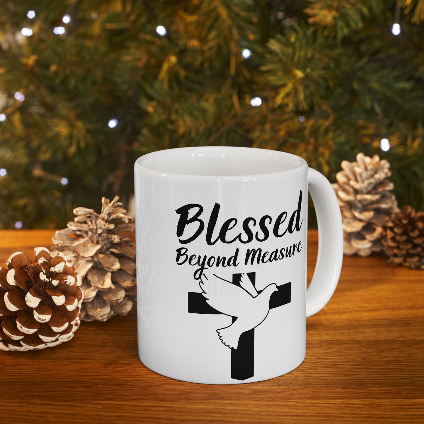 Blessed Beyond Measure Ceramic Mug — Christian Cross & Dove Faith Coffee Cup (11oz, 15oz)