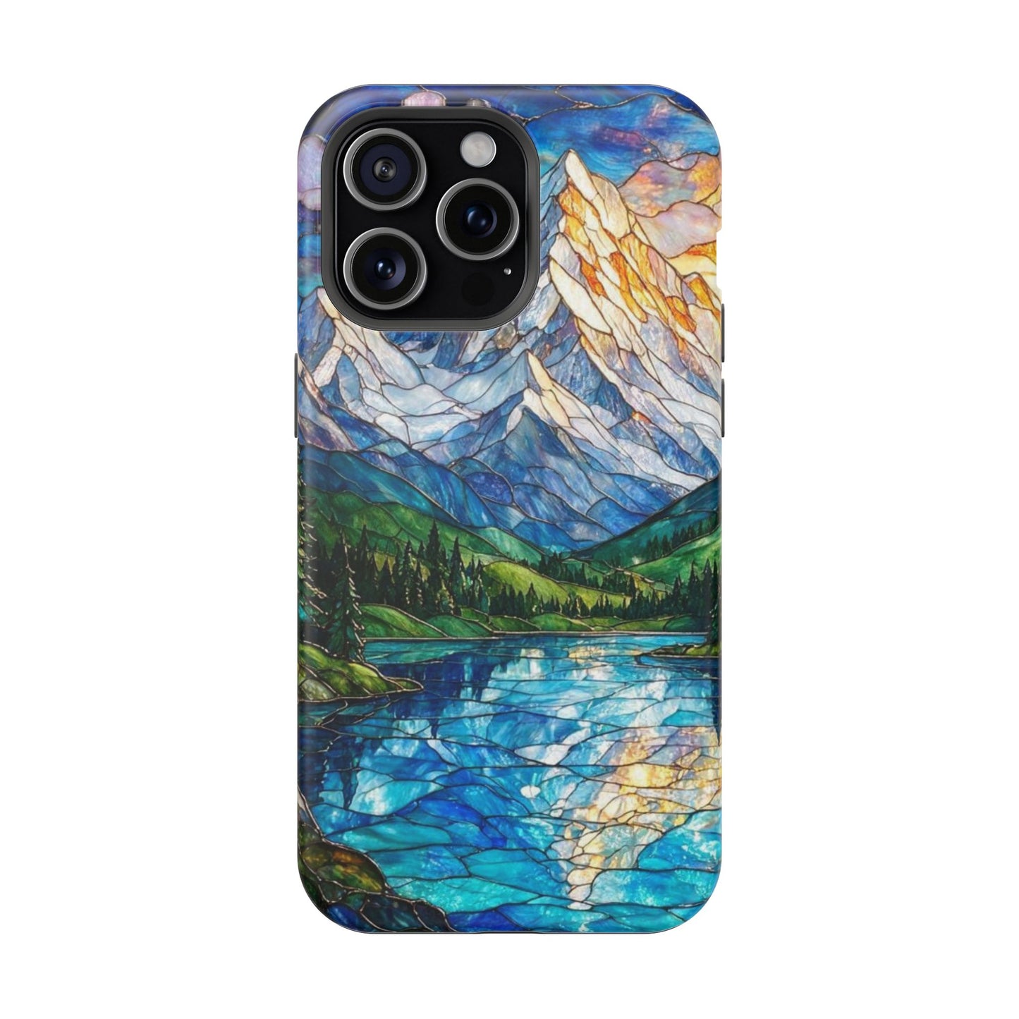 Stained Glass Mountain Lake Mosaic Phone Case — Impact-Resistant Artistic Protection