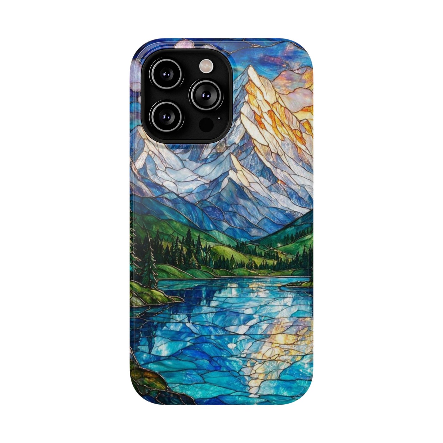 Stained Glass Mountain Lake Mosaic Phone Case — Impact-Resistant Artistic Protection
