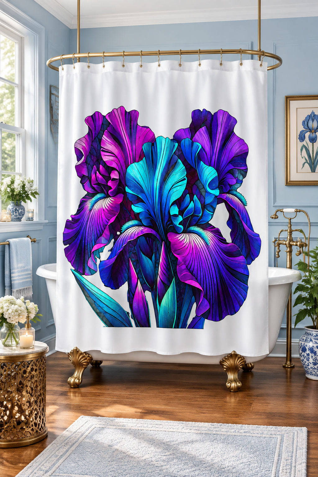 Iris Bloom Shower Curtain — Vibrant Purple & Teal Floral Bathroom Decor