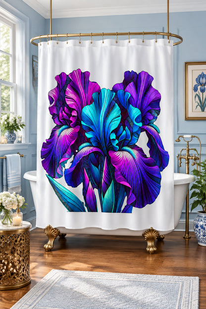 Iris Bloom Shower Curtain — Vibrant Purple & Teal Floral Bathroom Decor