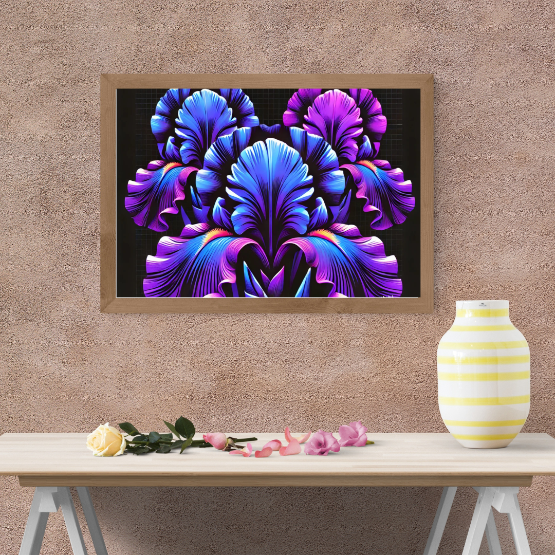 Iridescent Floral Art Poster — Neon Purple & Blue Matte Horizontal Print