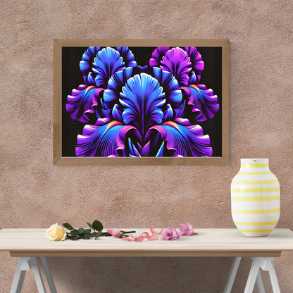 Iridescent Floral Art Poster — Neon Purple & Blue Matte Horizontal Print