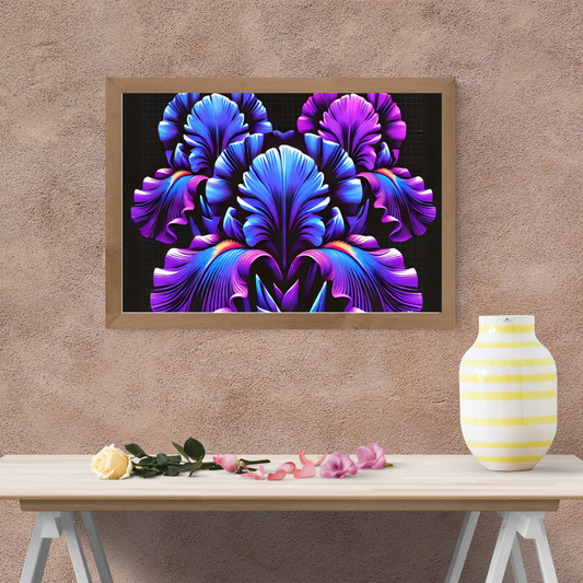 Iridescent Floral Art Poster — Neon Purple & Blue Matte Horizontal Print