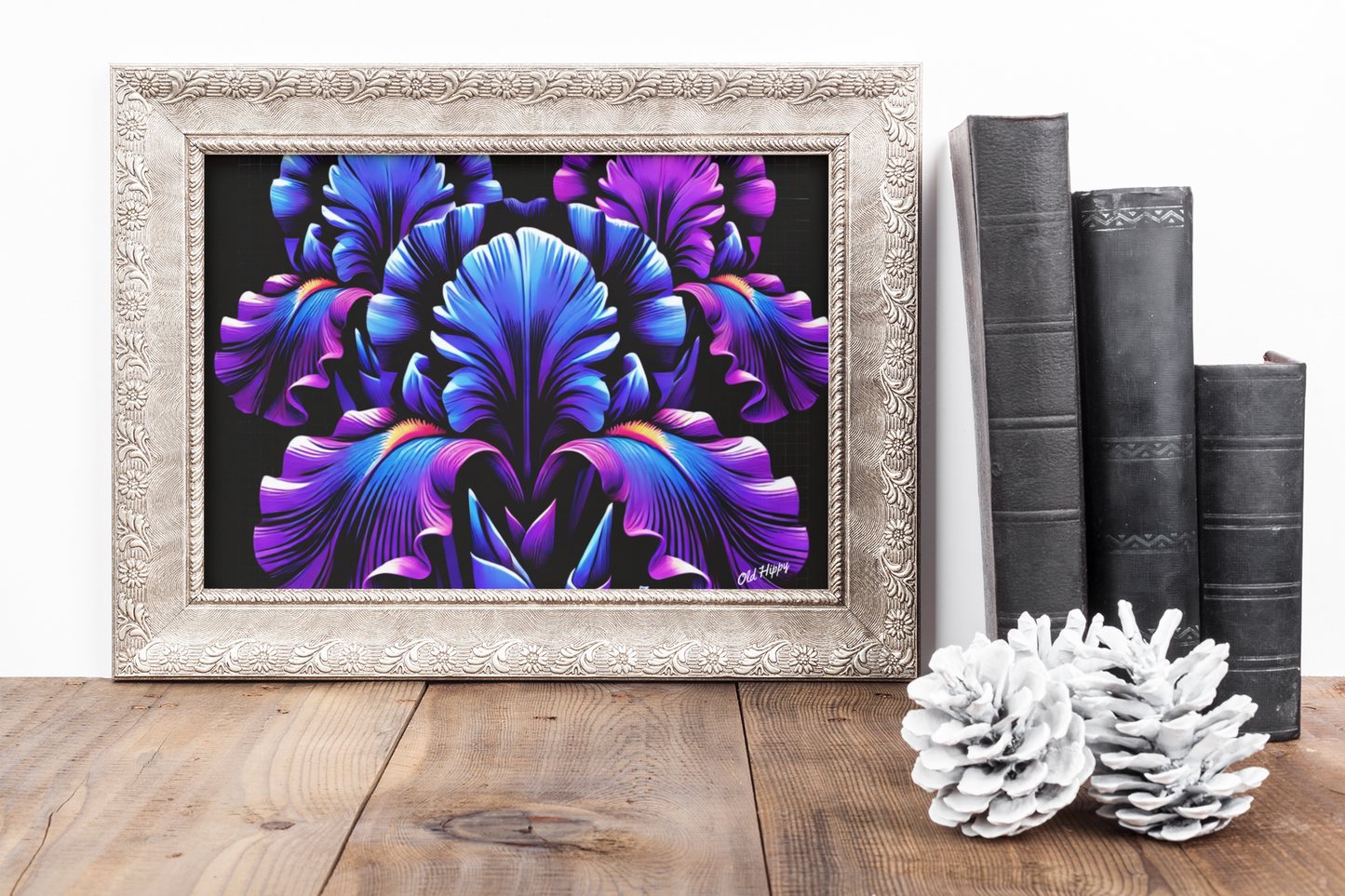 Iridescent Floral Art Poster — Neon Purple & Blue Matte Horizontal Print
