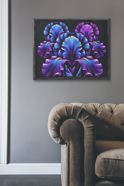 Iridescent Floral Art Poster — Neon Purple & Blue Matte Horizontal Print