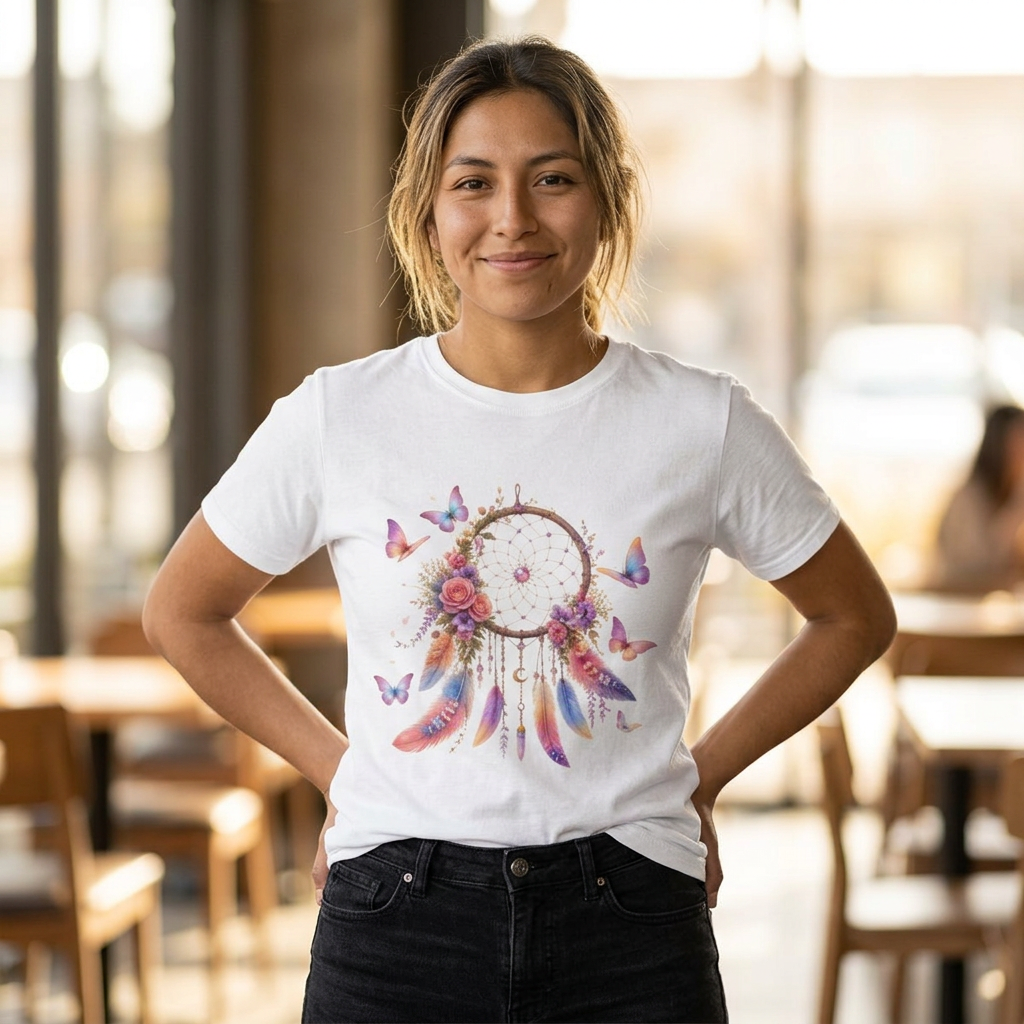 Pastel Dreamcatcher T-Shirt with Butterflies