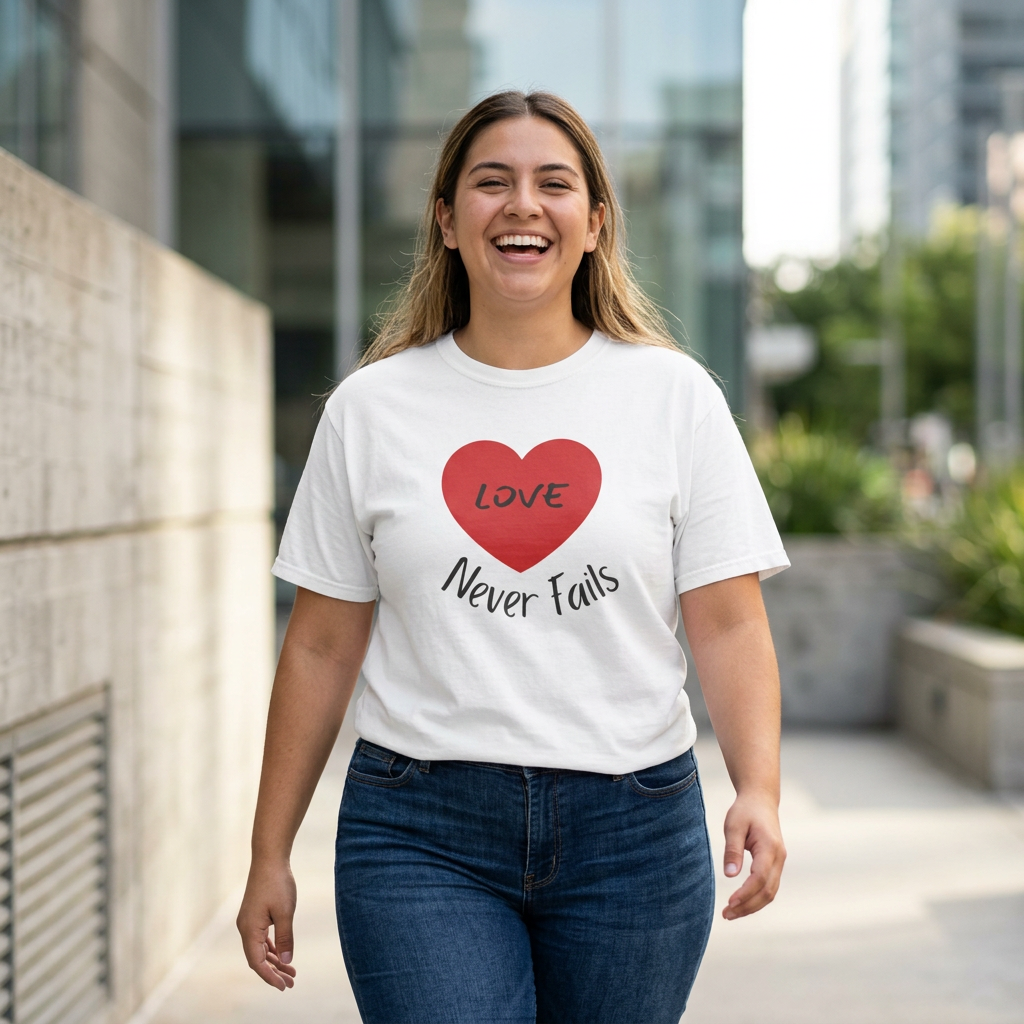 Love Never Fails 1 Corinthians 13 T-Shirt — Faith Scripture Tee