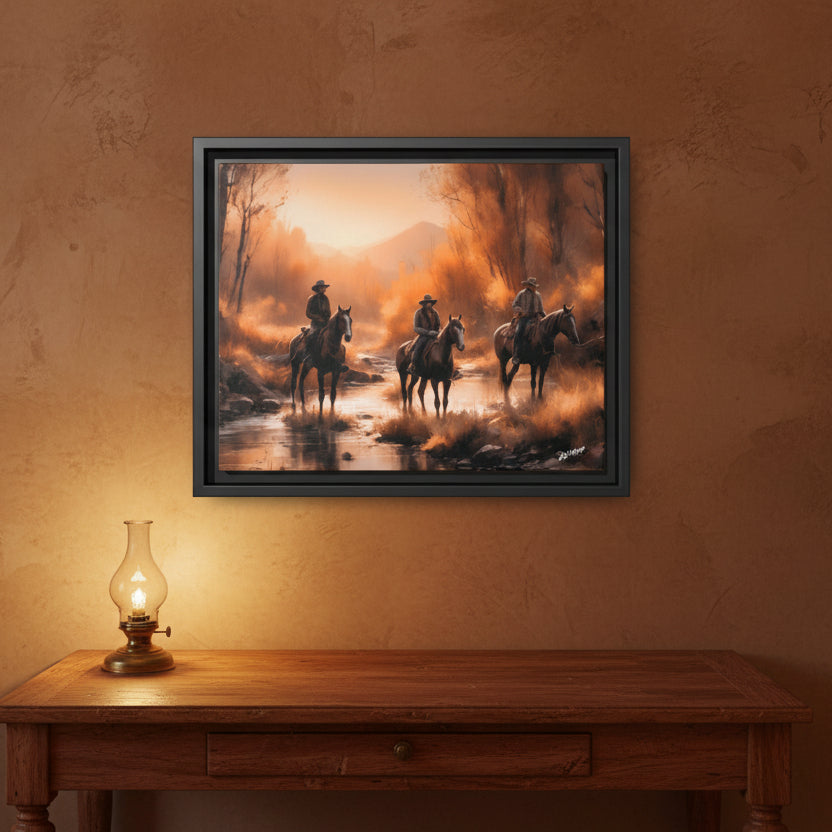 Cowboys Crossing A Stream Wood Framed Canvas Wrap