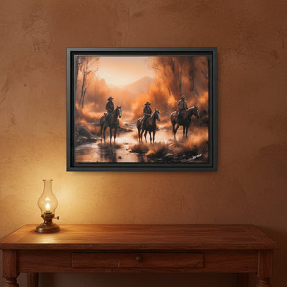 Cowboys Crossing A Stream Wood Framed Canvas Wrap