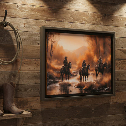 Cowboys Crossing A Stream Wood Framed Canvas Wrap