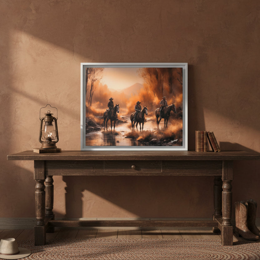 Cowboys Crossing A Stream Wood Framed Canvas Wrap