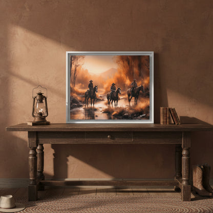 Cowboys Crossing A Stream Wood Framed Canvas Wrap